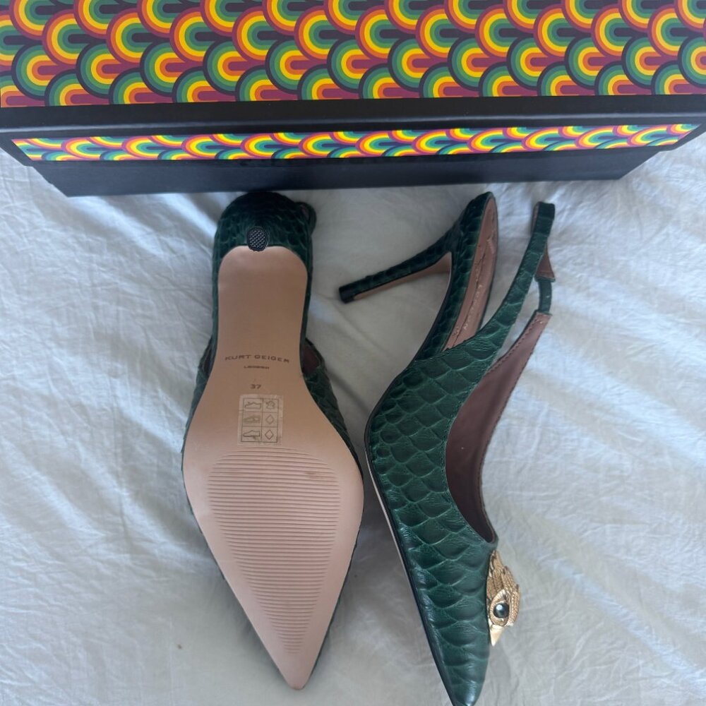 Kurt Geiger Dark Green Textured Slingback Pumps with Gold Accent - Picture 6 of 7